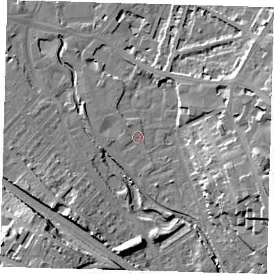 Shaded relief map of the ground around SE137RW, computed from Environment Agency LiDAR. The ground here sits at about 6 m above sea level and falls 21 m across the surrounding 800 m. Surface water reaching this point runs off ground lying to the south, 13.3 m higher.