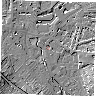 Shaded relief map of the ground around SE137SB, computed from Environment Agency LiDAR. The ground here sits at about 5 m above sea level and falls 18 m across the surrounding 800 m. Surface water reaching this point runs off ground lying to the south-south-west, 3.1 m higher.
