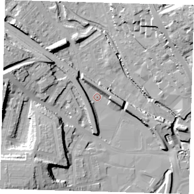Shaded relief map of the ground around SE137SD, computed from Environment Agency LiDAR. The ground here sits at about 6 m above sea level and falls 30 m across the surrounding 800 m. Surface water reaching this point runs off ground lying to the south-west, 25.9 m higher.