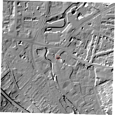 Shaded relief map of the ground around SE137SE, computed from Environment Agency LiDAR. The ground here sits at about 6 m above sea level and falls 21 m across the surrounding 800 m. Surface water reaching this point runs off ground lying to the south-east, 2.1 m higher.