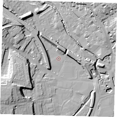 Shaded relief map of the ground around SE137SH, computed from Environment Agency LiDAR. The ground here sits at about 6 m above sea level and falls 31 m across the surrounding 800 m. Surface water reaching this point runs off ground lying to the south-west, 25.2 m higher.