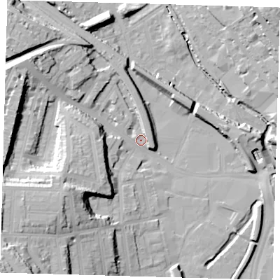 Shaded relief map of the ground around SE137SN, computed from Environment Agency LiDAR. The ground here sits at about 8 m above sea level and falls 36 m across the surrounding 800 m. Surface water reaching this point runs off ground lying to the south-west, 32.1 m higher.
