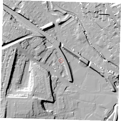 Shaded relief map of the ground around SE137SP, computed from Environment Agency LiDAR. The ground here sits at about 8 m above sea level and falls 35 m across the surrounding 800 m. Surface water reaching this point runs off ground lying to the west-north-west, 14.4 m higher.