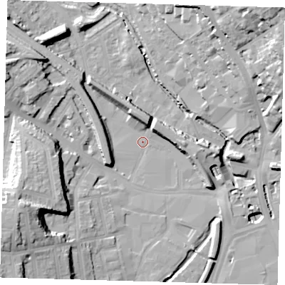 Shaded relief map of the ground around SE137TA, computed from Environment Agency LiDAR. The ground here sits at about 6 m above sea level and falls 31 m across the surrounding 800 m. Surface water reaching this point runs off ground lying to the west-south-west, 25.2 m higher.
