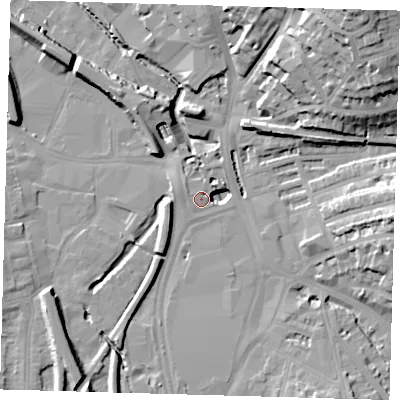 Shaded relief map of the ground around SE137TQ, computed from Environment Agency LiDAR. The ground here sits at about 9 m above sea level and falls 34 m across the surrounding 800 m. Surface water reaching this point runs off ground lying to the west-south-west, 10.5 m higher.