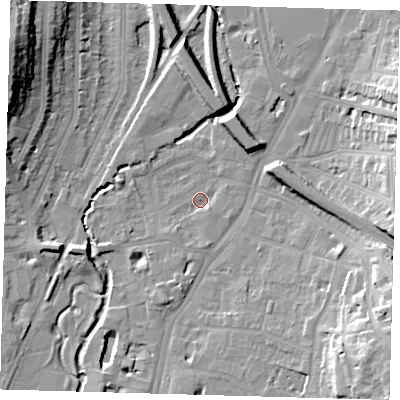 Shaded relief map of the ground around SE137UQ, computed from Environment Agency LiDAR. The ground here sits at about 10 m above sea level and falls 22 m across the surrounding 800 m. Surface water reaching this point runs off ground lying to the south, 2.2 m higher.