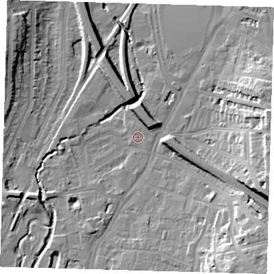 Shaded relief map of the ground around SE137US, computed from Environment Agency LiDAR. The ground here sits at about 11 m above sea level and falls 21 m across the surrounding 800 m. Surface water reaching this point runs off ground lying to the west-south-west, 0.6 m higher.
