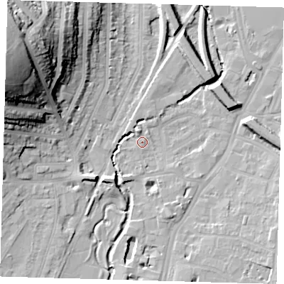 Shaded relief map of the ground around SE137UU, computed from Environment Agency LiDAR. The ground here sits at about 12 m above sea level and falls 40 m across the surrounding 800 m. Surface water reaching this point runs off ground lying to the north-north-west, 3.8 m higher.