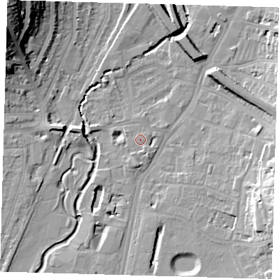 Shaded relief map of the ground around SE137UW, computed from Environment Agency LiDAR. The ground here sits at about 12 m above sea level and falls 30 m across the surrounding 800 m. Surface water reaching this point runs off ground lying to the east-north-east, 0.8 m higher.
