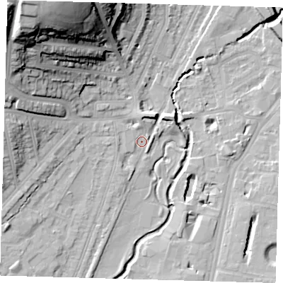 Shaded relief map of the ground around SE137XA, computed from Environment Agency LiDAR. The ground here sits at about 12 m above sea level and falls 43 m across the surrounding 800 m. Surface water reaching this point runs off ground lying to the north-west, 40.4 m higher.