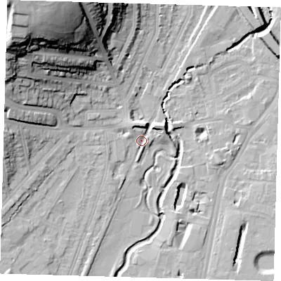 Shaded relief map of the ground around SE137XB, computed from Environment Agency LiDAR. The ground here sits at about 12 m above sea level and falls 44 m across the surrounding 800 m. Surface water reaching this point runs off ground lying to the north-west, 36.3 m higher.