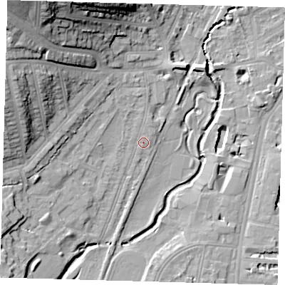 Shaded relief map of the ground around SE137XD, computed from Environment Agency LiDAR. The ground here sits at about 13 m above sea level and falls 27 m across the surrounding 800 m. Surface water reaching this point runs off ground lying to the west-north-west, 14.1 m higher.