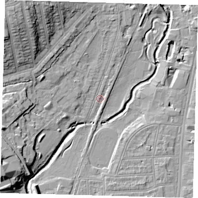 Shaded relief map of the ground around SE137XE, computed from Environment Agency LiDAR. The ground here sits at about 13 m above sea level and falls 19 m across the surrounding 800 m. Surface water reaching this point runs off ground lying to the north-west, 16.3 m higher.