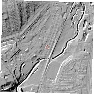 Shaded relief map of the ground around SE137XF, computed from Environment Agency LiDAR. The ground here sits at about 13 m above sea level and falls 19 m across the surrounding 800 m. Surface water reaching this point runs off ground lying to the north-west, 15.0 m higher.