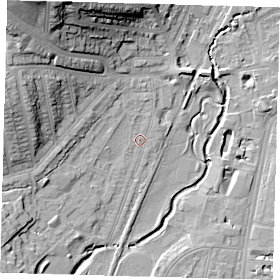 Shaded relief map of the ground around SE137XG, computed from Environment Agency LiDAR. The ground here sits at about 13 m above sea level and falls 30 m across the surrounding 800 m. Surface water reaching this point runs off ground lying to the west-north-west, 3.4 m higher.