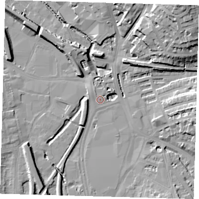Shaded relief map of the ground around SE137XU, computed from Environment Agency LiDAR. The ground here sits at about 9 m above sea level and falls 34 m across the surrounding 800 m. Surface water reaching this point runs off ground lying to the west-south-west, 10.5 m higher.