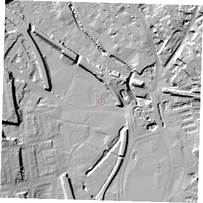 Shaded relief map of the ground around SE137YL, computed from Environment Agency LiDAR. The ground here sits at about 6 m above sea level and falls 34 m across the surrounding 800 m. Surface water reaching this point runs off ground lying to the east, 13.8 m higher.