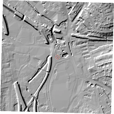 Shaded relief map of the ground around SE137YY, computed from Environment Agency LiDAR. The ground here sits at about 9 m above sea level and falls 34 m across the surrounding 800 m. Surface water reaching this point runs off ground lying to the west-south-west, 10.5 m higher.