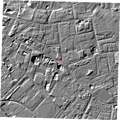 Shaded relief map of the ground around SE13AD, computed from Environment Agency LiDAR. The ground here sits at about 4 m above sea level and falls 8 m across the surrounding 800 m. Surface water reaching this point runs off ground lying to the north-north-west, 1.1 m higher.