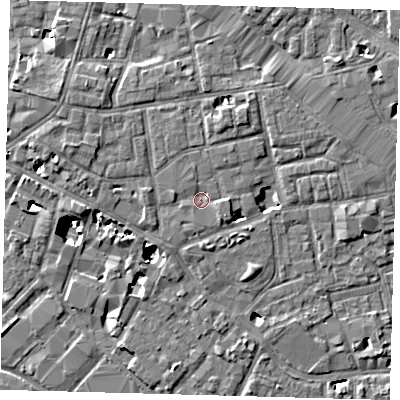 Shaded relief map of the ground around SE13AE, computed from Environment Agency LiDAR. The ground here sits at about 3 m above sea level and falls 8 m across the surrounding 800 m. Surface water reaching this point runs off ground lying to the east-south-east, 1.2 m higher.