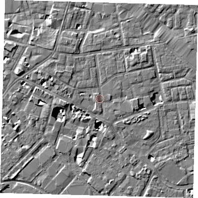 Shaded relief map of the ground around SE13AF, computed from Environment Agency LiDAR. The ground here sits at about 4 m above sea level and falls 8 m across the surrounding 800 m. Surface water reaching this point runs off ground lying to the south, 0.9 m higher.