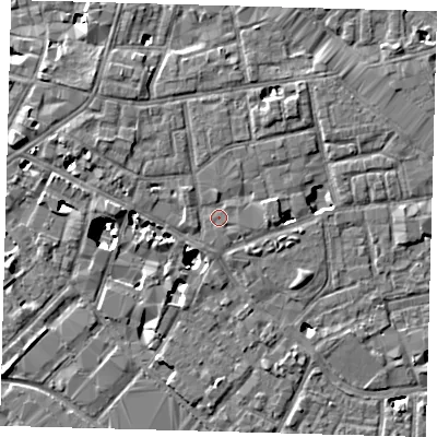 Shaded relief map of the ground around SE13AG, computed from Environment Agency LiDAR. The ground here sits at about 3 m above sea level and falls 8 m across the surrounding 800 m. Surface water reaching this point runs off ground lying to the west-south-west, 0.9 m higher.