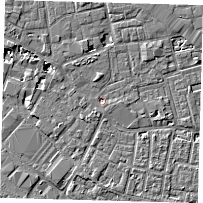 Shaded relief map of the ground around SE13AL, computed from Environment Agency LiDAR. The ground here sits at about 1 m above sea level and falls 8 m across the surrounding 800 m. Surface water reaching this point runs off ground lying to the south-west, 3.6 m higher.