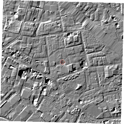 Shaded relief map of the ground around SE13AN, computed from Environment Agency LiDAR. The ground here sits at about 3 m above sea level and falls 8 m across the surrounding 800 m. Surface water reaching this point runs off ground lying to the south-east, 1.2 m higher.