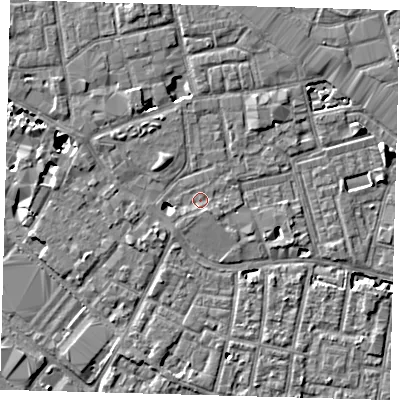 Shaded relief map of the ground around SE13AP, computed from Environment Agency LiDAR. The ground here sits at about 3 m above sea level and falls 7 m across the surrounding 800 m. Surface water reaching this point runs off ground lying to the north-west, 4.3 m higher.