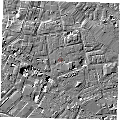 Shaded relief map of the ground around SE13AQ, computed from Environment Agency LiDAR. The ground here sits at about 4 m above sea level and falls 8 m across the surrounding 800 m. Surface water reaching this point runs off ground lying to the south-east, 1.2 m higher.
