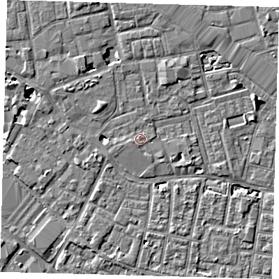 Shaded relief map of the ground around SE13AR, computed from Environment Agency LiDAR. The ground here sits at about 3 m above sea level and falls 7 m across the surrounding 800 m. Surface water reaching this point runs off ground lying to the west-south-west, 1.1 m higher.
