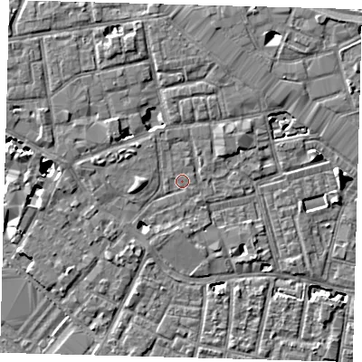 Shaded relief map of the ground around SE13AU, computed from Environment Agency LiDAR. The ground here sits at about 3 m above sea level and falls 7 m across the surrounding 800 m. The ground contributing surface water to this point lies to the west.