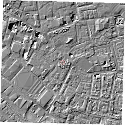Shaded relief map of the ground around SE13AW, computed from Environment Agency LiDAR. The ground here sits at about 3 m above sea level and falls 8 m across the surrounding 800 m. Surface water reaching this point runs off ground lying to the south-west, 1.0 m higher.