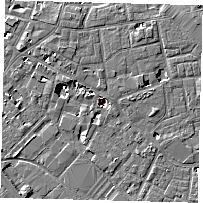 Shaded relief map of the ground around SE13BA, computed from Environment Agency LiDAR. The ground here sits at about 1 m above sea level and falls 8 m across the surrounding 800 m. Surface water reaching this point runs off ground lying to the south, 4.8 m higher.