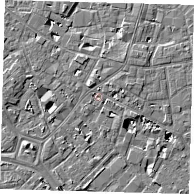 Shaded relief map of the ground around SE13BE, computed from Environment Agency LiDAR. The ground here sits at about 2 m above sea level and falls 8 m across the surrounding 800 m. Surface water reaching this point runs off ground lying to the north-east, 3.1 m higher.