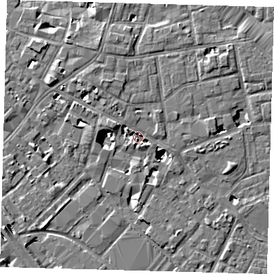 Shaded relief map of the ground around SE13BH, computed from Environment Agency LiDAR. The ground here sits at about 2 m above sea level and falls 8 m across the surrounding 800 m. Surface water reaching this point runs off ground lying to the north-north-west, 3.8 m higher.