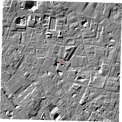 Shaded relief map of the ground around SE13BP, computed from Environment Agency LiDAR. The ground here sits at about 3 m above sea level and falls 6 m across the surrounding 800 m. Surface water reaching this point runs off ground lying to the north-east, 4.6 m higher.
