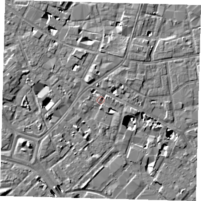 Shaded relief map of the ground around SE13BS, computed from Environment Agency LiDAR. The ground here sits at about 3 m above sea level and falls 8 m across the surrounding 800 m. Surface water reaching this point runs off ground lying to the north-north-east, 5.0 m higher.