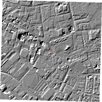 Shaded relief map of the ground around SE13BW, computed from Environment Agency LiDAR. The ground here sits at about 3 m above sea level and falls 8 m across the surrounding 800 m. Surface water reaching this point runs off ground lying to the north, 1.1 m higher.