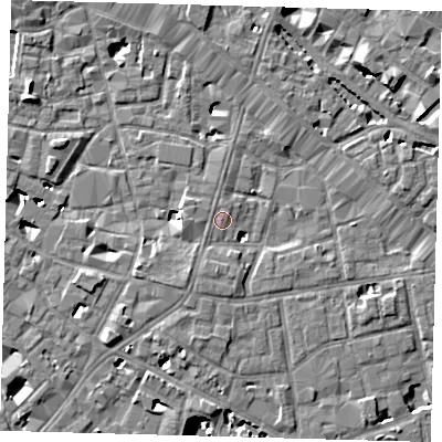 Shaded relief map of the ground around SE13BZ, computed from Environment Agency LiDAR. The ground here sits at about 4 m above sea level and falls 9 m across the surrounding 800 m. Surface water reaching this point runs off ground lying to the south-south-west, 1.5 m higher.