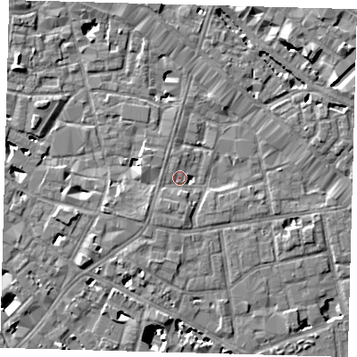 Shaded relief map of the ground around SE13DA, computed from Environment Agency LiDAR. The ground here sits at about 3 m above sea level and falls 9 m across the surrounding 800 m. Surface water reaching this point runs off ground lying to the south-south-west, 3.6 m higher.