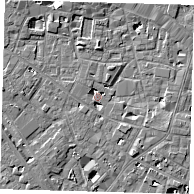 Shaded relief map of the ground around SE13DB, computed from Environment Agency LiDAR. The ground here sits at about 3 m above sea level and falls 9 m across the surrounding 800 m. Surface water reaching this point runs off ground lying to the west-south-west, 3.7 m higher.