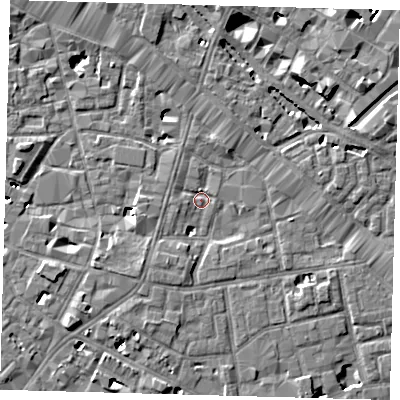 Shaded relief map of the ground around SE13DD, computed from Environment Agency LiDAR. The ground here sits at about 3 m above sea level and falls 7 m across the surrounding 800 m. Surface water reaching this point runs off ground lying to the south-south-west, 3.6 m higher.