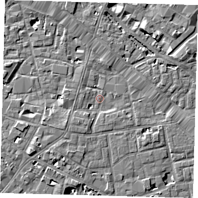 Shaded relief map of the ground around SE13DE, computed from Environment Agency LiDAR. The ground here sits at about 3 m above sea level and falls 9 m across the surrounding 800 m. Surface water reaching this point runs off ground lying to the south-west, 3.6 m higher.