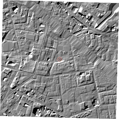 Shaded relief map of the ground around SE13DG, computed from Environment Agency LiDAR. The ground here sits at about 2 m above sea level and falls 9 m across the surrounding 800 m. Surface water reaching this point runs off ground lying to the west-south-west, 2.8 m higher.