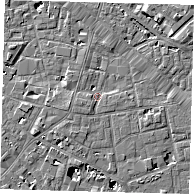 Shaded relief map of the ground around SE13DH, computed from Environment Agency LiDAR. The ground here sits at about 3 m above sea level and falls 9 m across the surrounding 800 m. Surface water reaching this point runs off ground lying to the west-south-west, 2.6 m higher.