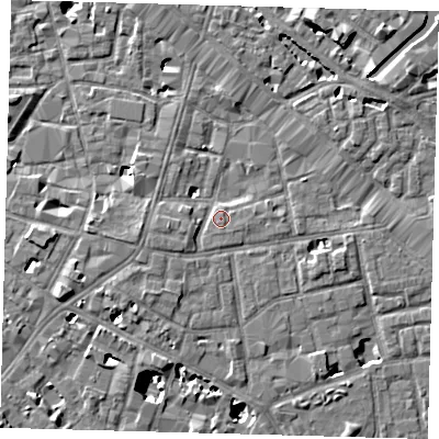 Shaded relief map of the ground around SE13DJ, computed from Environment Agency LiDAR. The ground here sits at about 4 m above sea level and falls 9 m across the surrounding 800 m. Surface water reaching this point runs off ground lying to the south-east, 1.4 m higher.