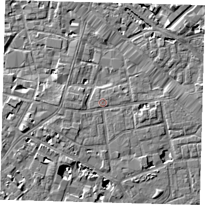 Shaded relief map of the ground around SE13DL, computed from Environment Agency LiDAR. The ground here sits at about 4 m above sea level and falls 9 m across the surrounding 800 m. Surface water reaching this point runs off ground lying to the south-west, 1.7 m higher.