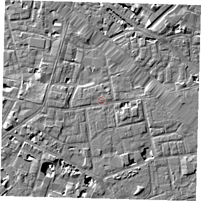 Shaded relief map of the ground around SE13DN, computed from Environment Agency LiDAR. The ground here sits at about 4 m above sea level and falls 9 m across the surrounding 800 m. Surface water reaching this point runs off ground lying to the west-south-west, 1.7 m higher.