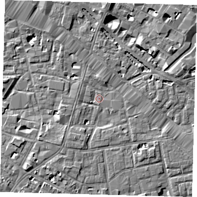 Shaded relief map of the ground around SE13DP, computed from Environment Agency LiDAR. The ground here sits at about 3 m above sea level and falls 7 m across the surrounding 800 m. Surface water reaching this point runs off ground lying to the south-south-west, 3.6 m higher.